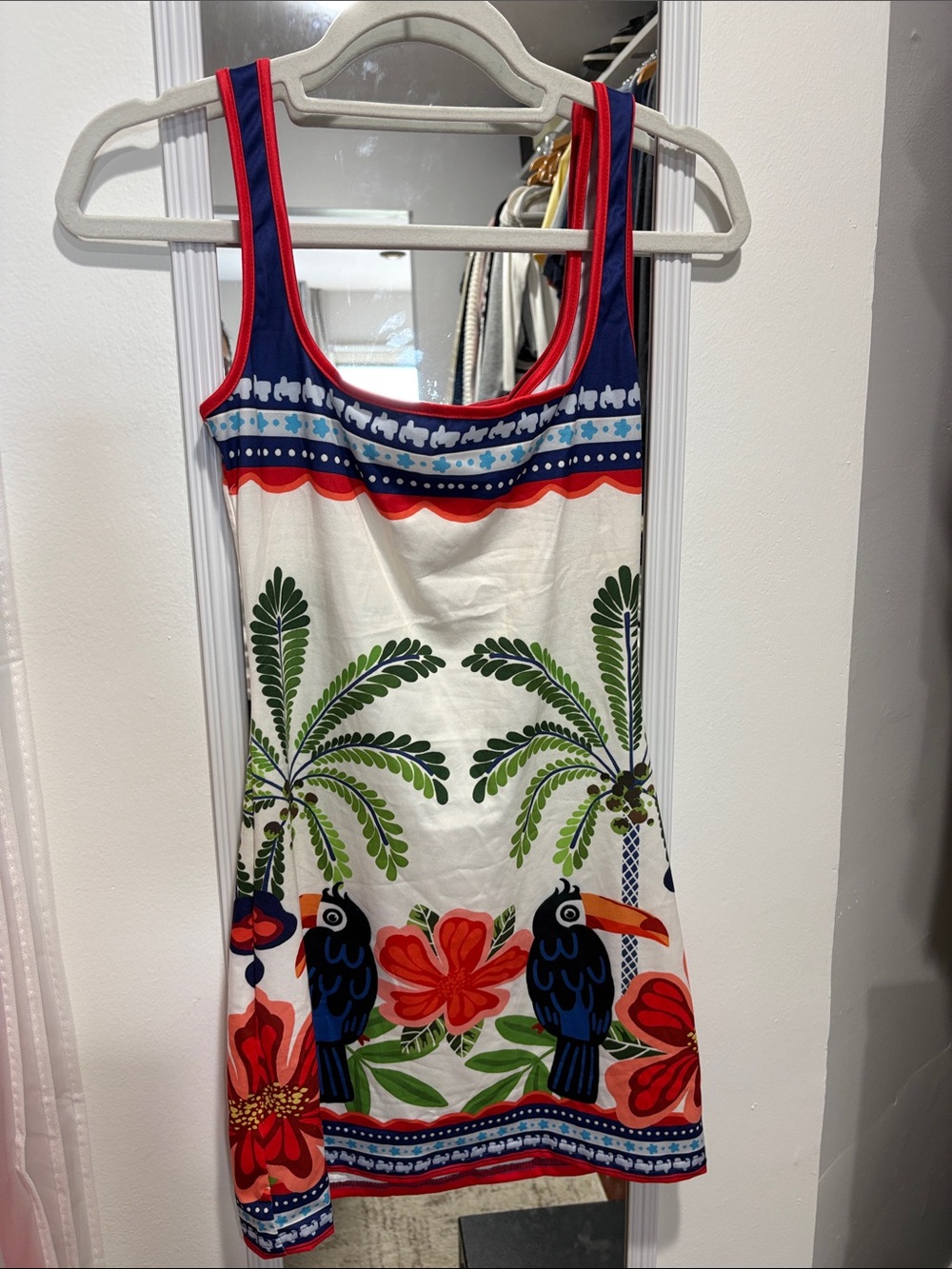 White Tropical Print Tank Dress with Blue & Red Trim